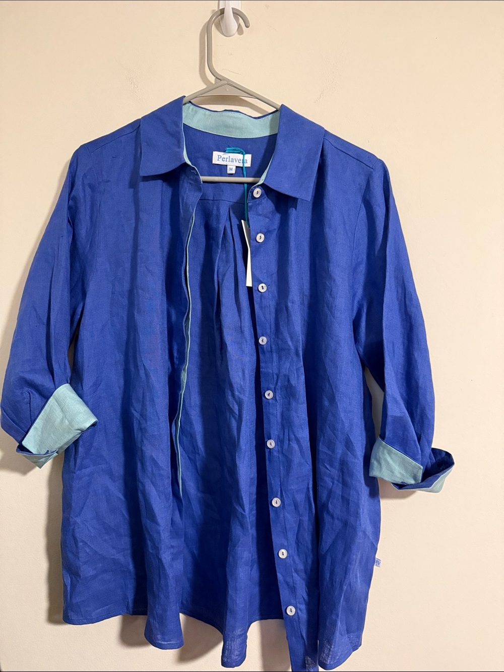 NWT perlavera 100% linen half sleeve button down shirt blue mint M